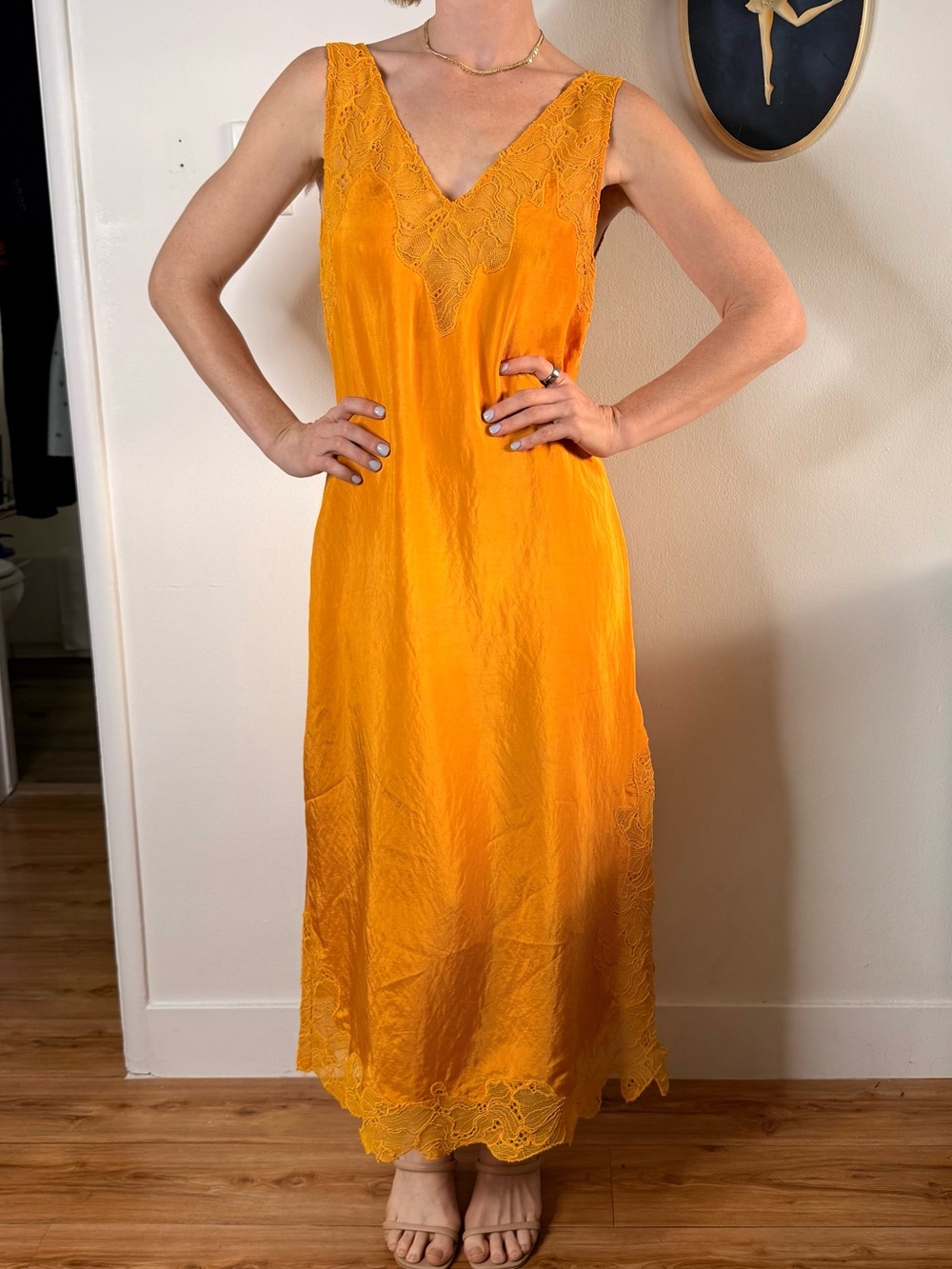 H&M Golden Yellow Lace-Trim Slip Maxi Dress